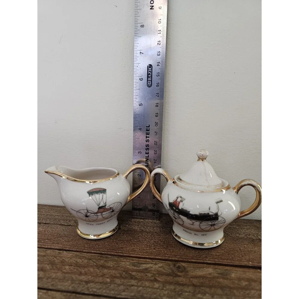 Small Vintage Kingwood China Creamer And Sugar Carriage Wagon Stagecoach Design